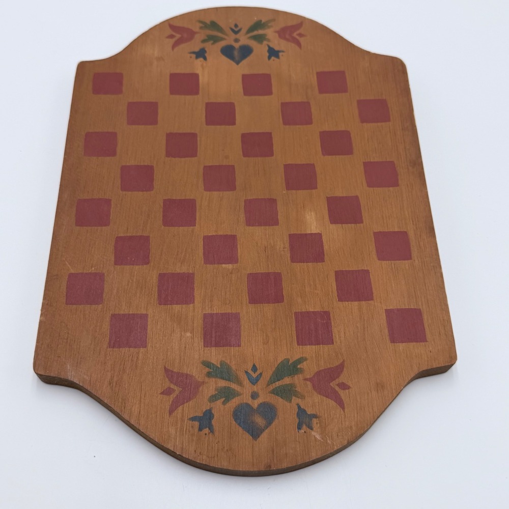Vintage Wood Folk Art Wall Plaque Hand Painted Checkered Heart Floral Primitive